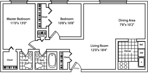 Floor plan for 2 beds, 1.5 baths, 880 sqft